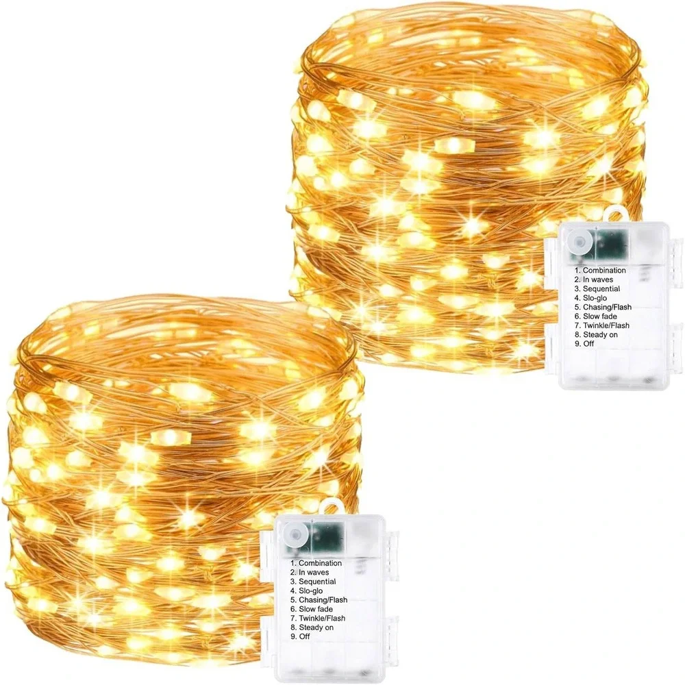 Warm White LED Fairy Lights Battery Operated 8 Modes Waterproof Copper Wire 2pk